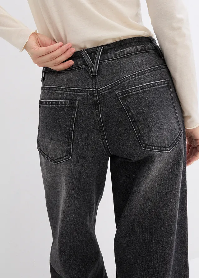Wide Leg farmer, Mid Waist, Low sztreccs, Full Length • fekete denim, használt hatású • bonprix áruház