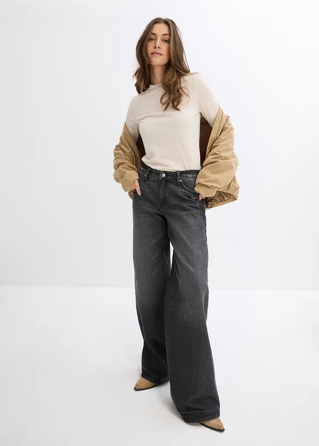 Blugi Wide Leg, Mid Waist, Low Stretch Full Length • negru denim uzat • magazin bonprix
