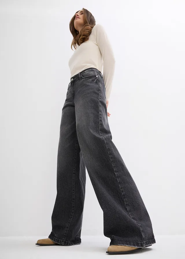 Blugi Wide Leg, Mid Waist, Low Stretch Full Length • negru denim uzat • magazin bonprix