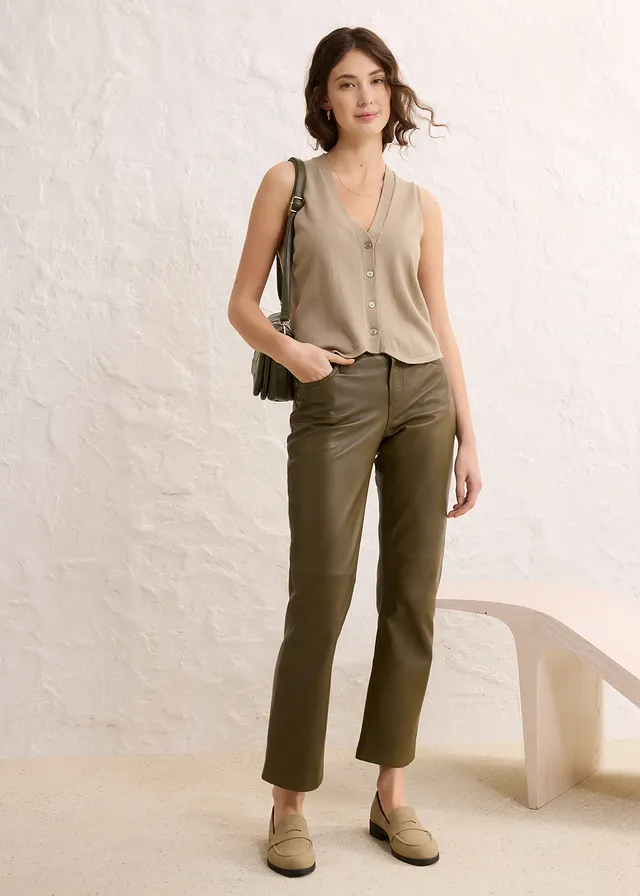 Leren broek van lamsnappa, Kleur: kakigroen