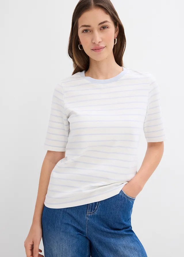 T-shirt épais 100% coton, Couleur: blanc cassé/bleu tendre rayé