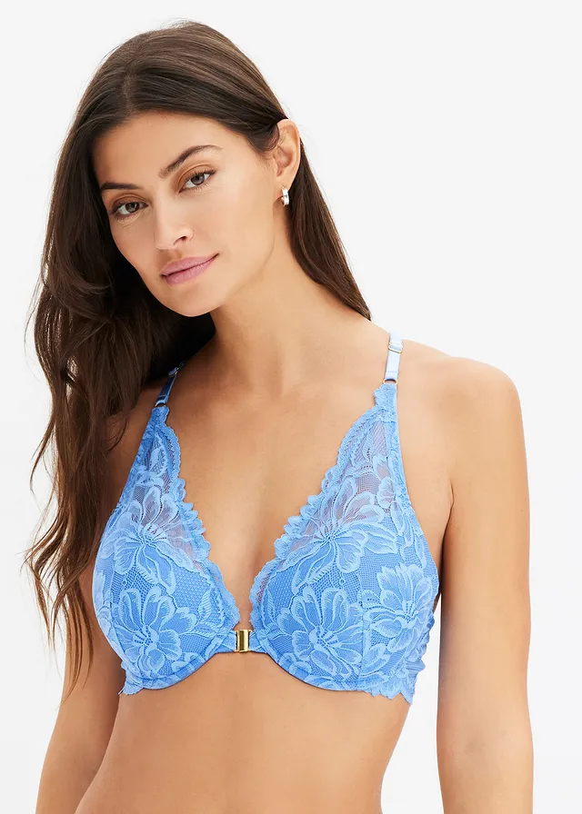 Soutien-gorge à coques, fermeture sur le devant et dentelle, Couleur: bleu moyen