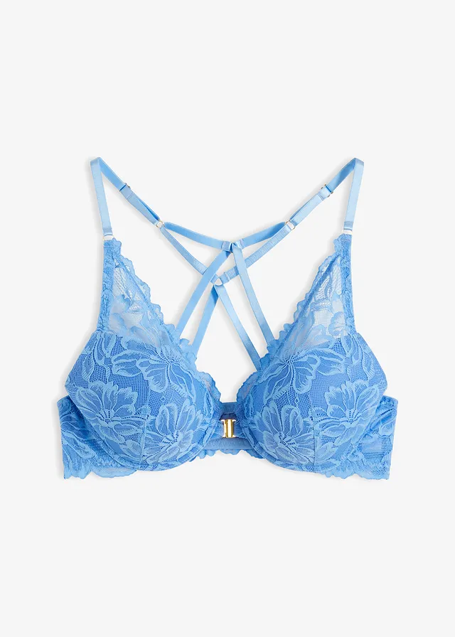 Soutien-gorge à coques, fermeture sur le devant et dentelle, Couleur: bleu moyen