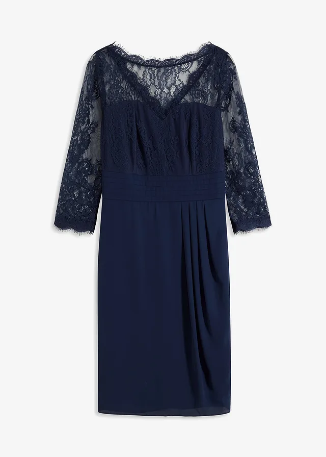 Robe courte avec empiècement dentelle, Couleur: bleu foncé