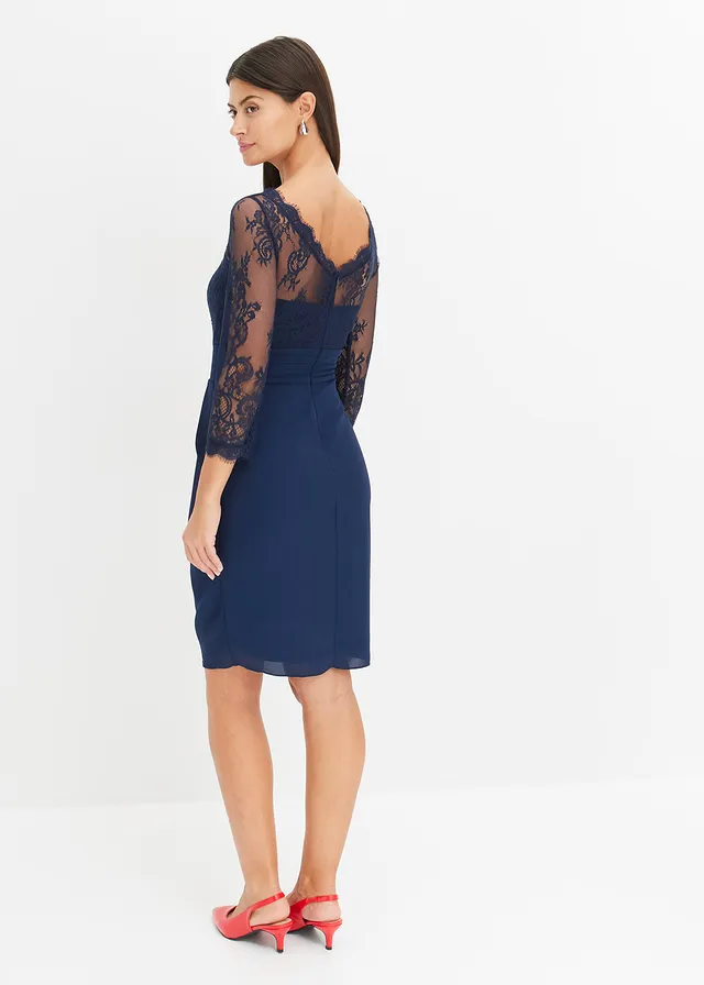 Robe courte avec empiècement dentelle, Couleur: bleu foncé