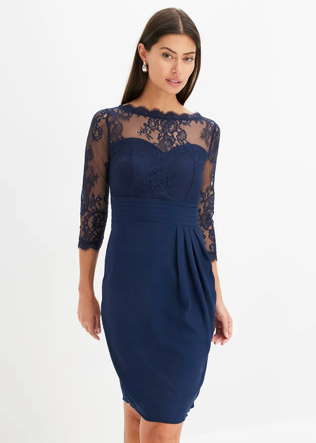 Robe courte avec empiècement dentelle, Couleur: bleu foncé