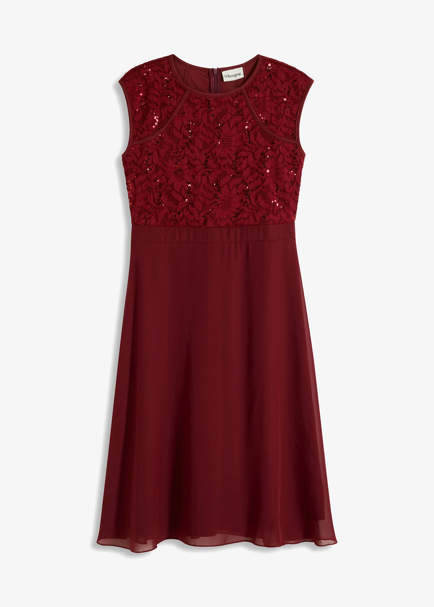Chiffon jurk met kant en geborduurde pailletten • robijnrood • bonprix online shop