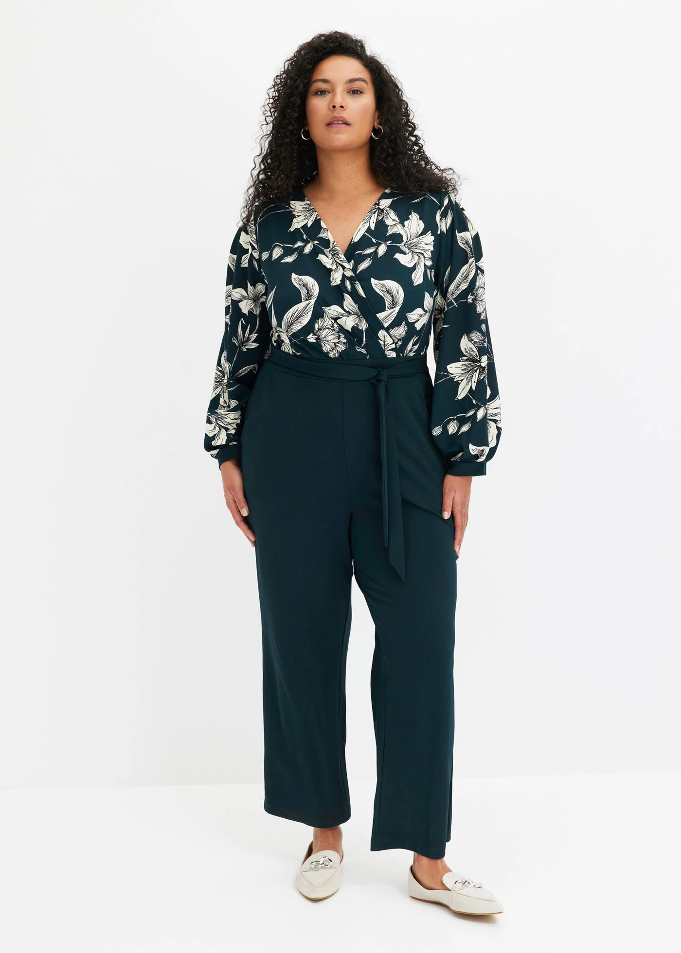 Jersey jumpsuit in wikkellook • diepgroen gebloemd plus size • bonprix online shop