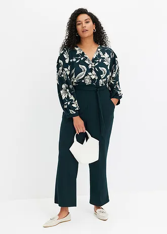 Jersey jumpsuit in wikkellook, Kleur: diepgroen gebloemd