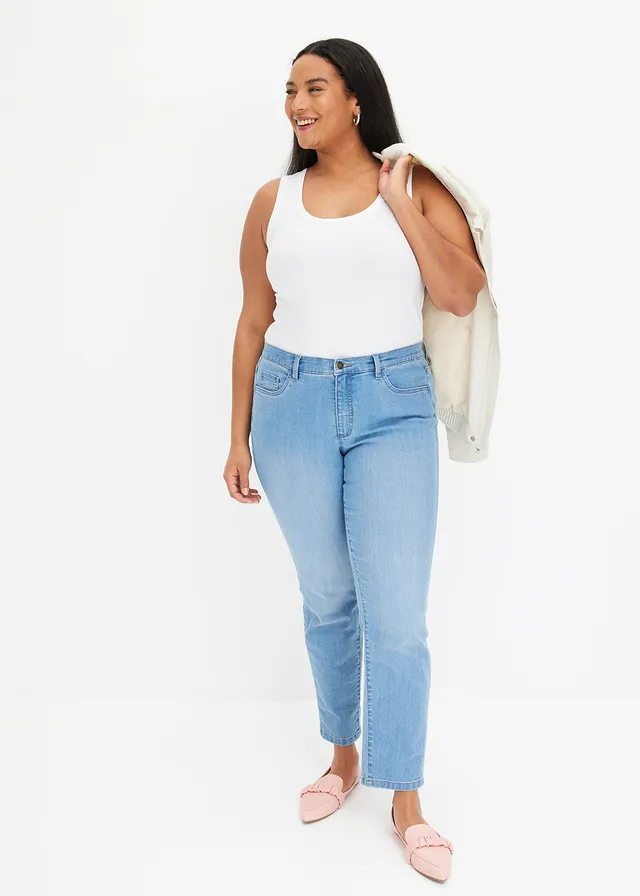 Jean droit taille mi-haute, extensible, Couleur: bleu clair used