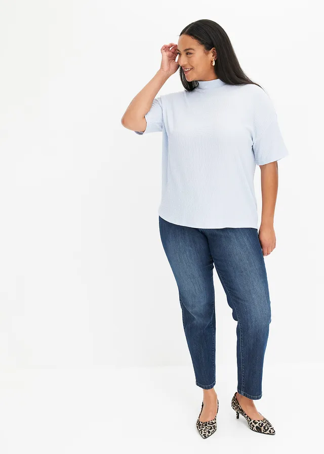 Jean droit taille mi-haute, extensible, Couleur: bleu foncé denim used