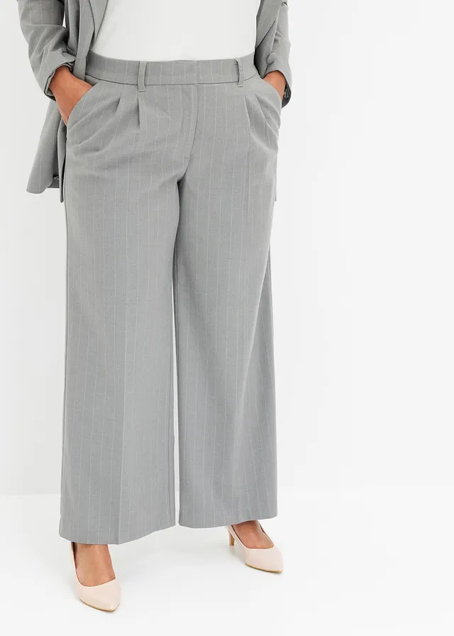 Pantalon large à pinces et rayures tennis, Couleur: gris/beige rayé
