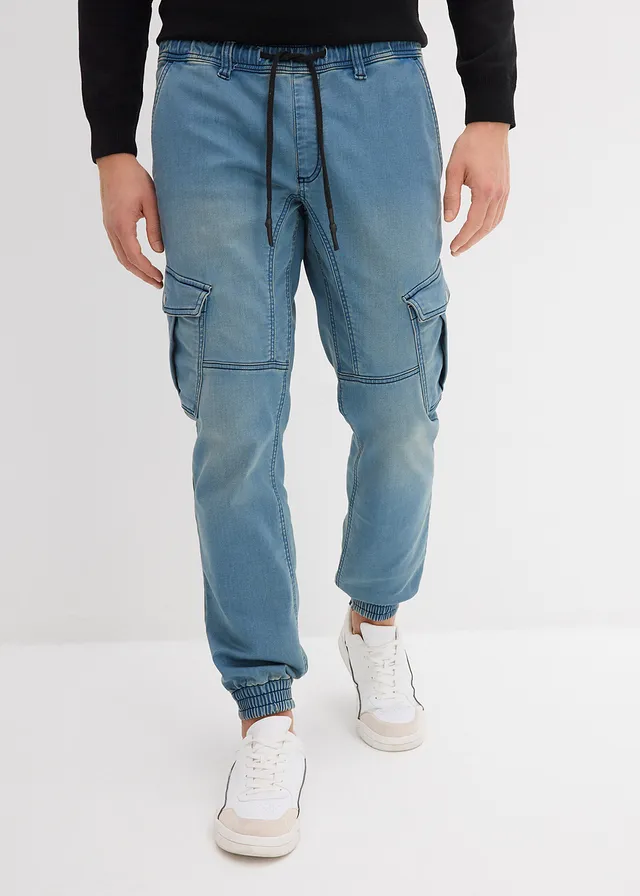 Jean jogger droit avec poches cargo, regular, Couleur: denim bleu clair/beige