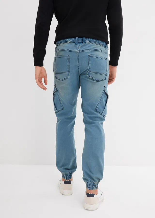 Jean jogger droit avec poches cargo, regular, Couleur: denim bleu clair/beige