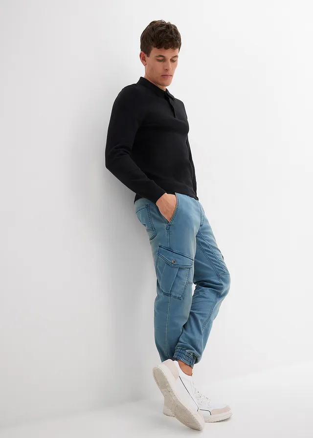 Jean jogger droit avec poches cargo, regular, Couleur: denim bleu clair/beige