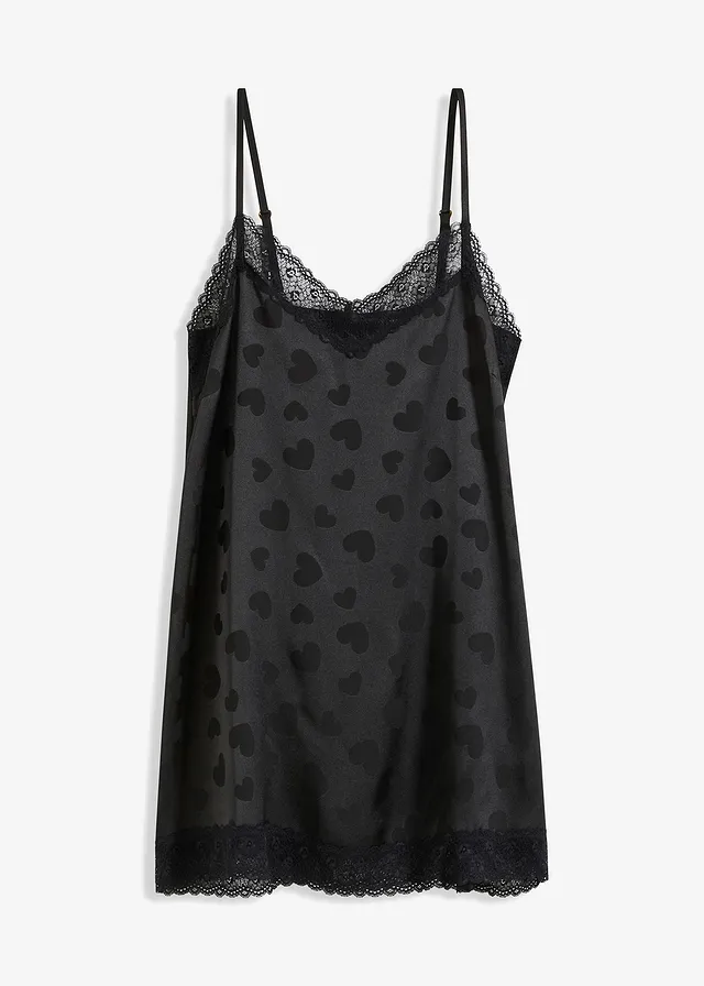 Satijnen slipdress met hartjes • zwart • bonprix online shop