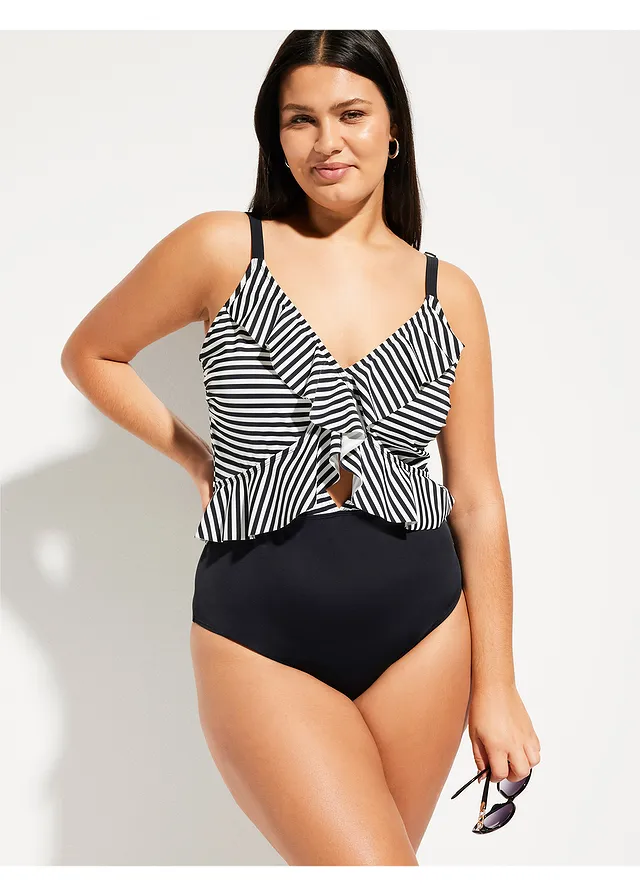 Badpak met cut-out en volants, Kleur: zwart/wit gestreept