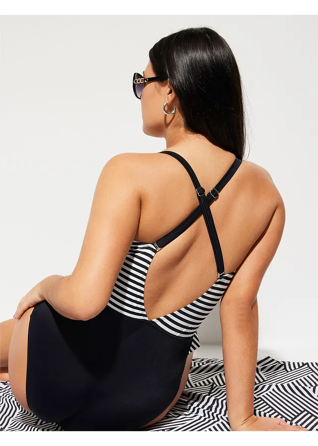 Badpak met cut-out en volants, Kleur: zwart/wit gestreept