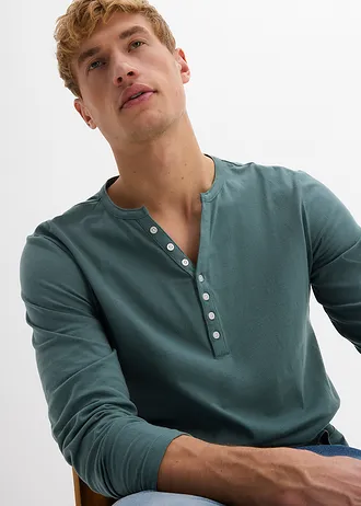 Hosszú ujjú Henley póló tiszta bio-pamutból, Slim Fit • szürkészöld-fehér • bonprix áruház