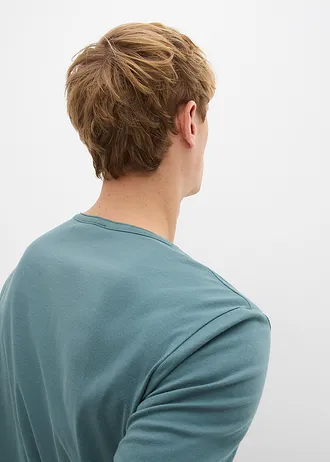Shirt z dekoltem henley, z bawełny organicznej, Slim Fit • zielono-szary-biały • sklep bonprix