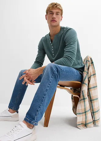 Hosszú ujjú Henley póló tiszta bio-pamutból, Slim Fit • szürkészöld-fehér • bonprix áruház