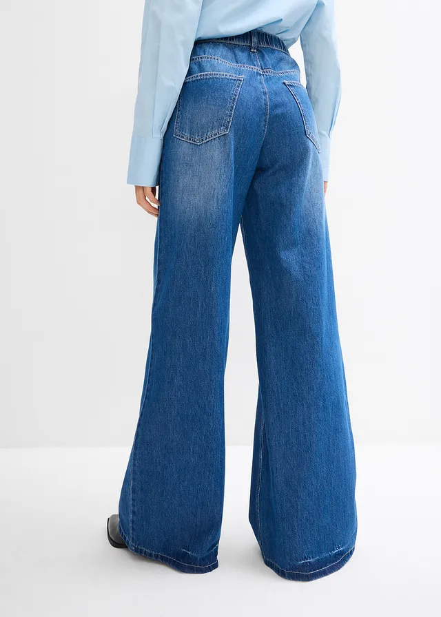 Jean large, taille haute et élastiquée, Couleur: bleu denim used