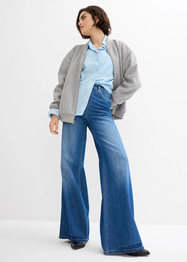 Jean large, taille haute et élastiquée, Couleur: bleu denim used