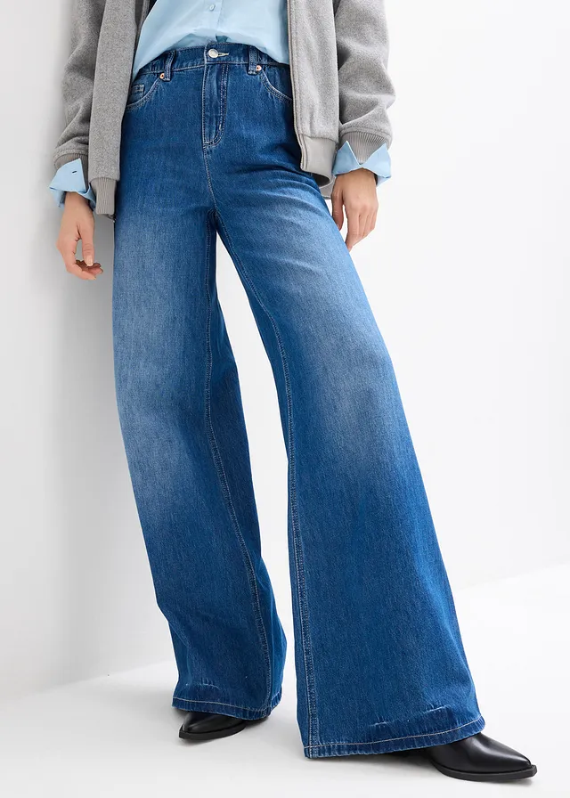 Jean large, taille haute et élastiquée, Couleur: bleu denim used