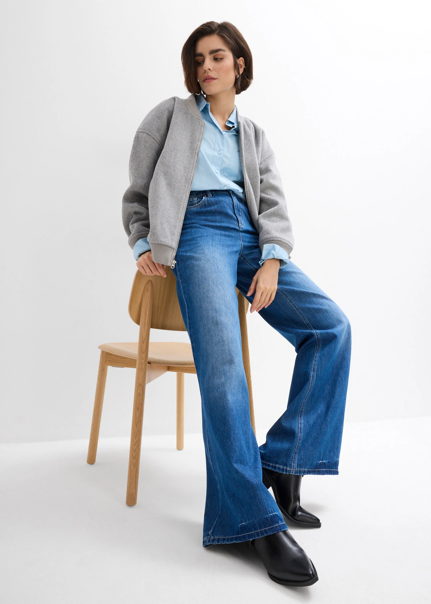 Džíny Wide Leg, High Waist, pohodlný pas, dlouhá délka • modrá stone used • bonprix obchod