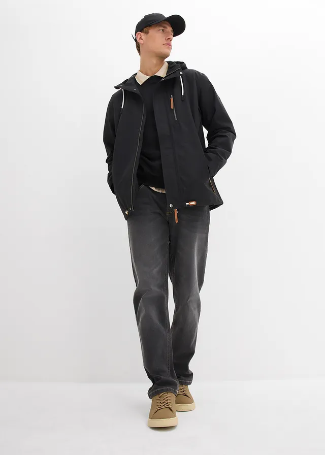 Geacă funcțională, impermeabilă cu glugă și detalii din imitație de piele negru