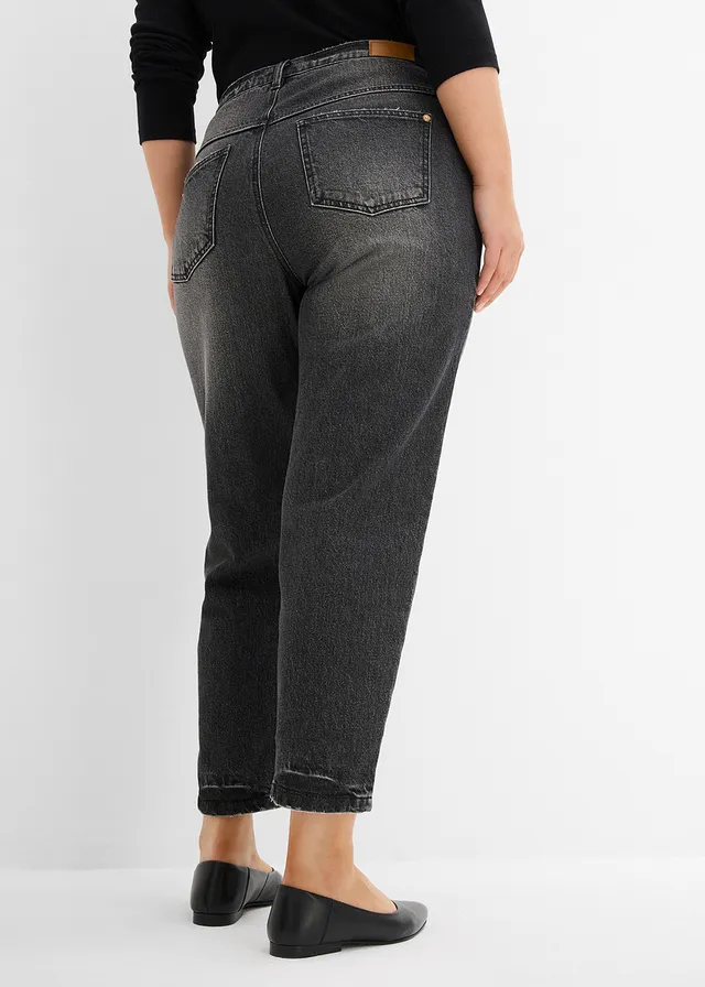 Jean mom taille haute, peu extensible, cropped, Couleur: noir denim used