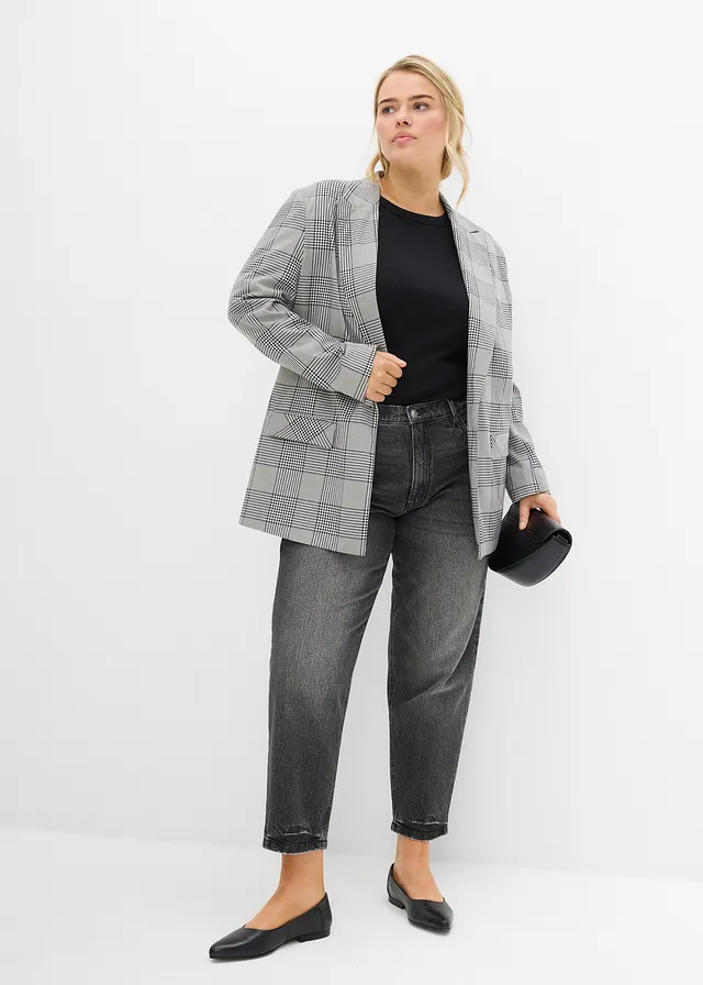 Jean mom taille haute, peu extensible, cropped, Couleur: noir denim used