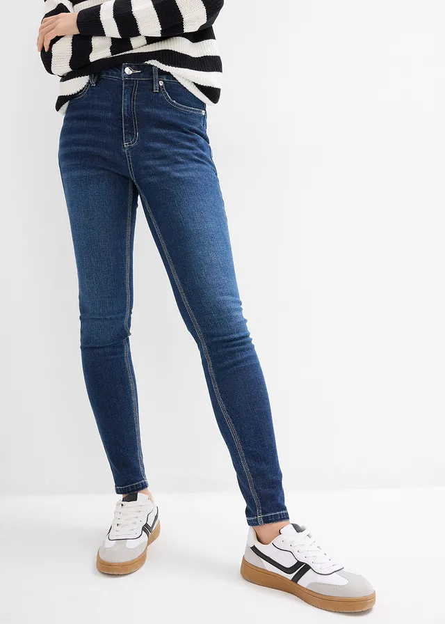 Jean skinny taille mi-haute, cropped, Couleur: bleu foncé denim used