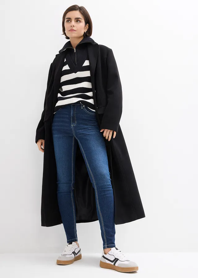 Skinny jeans mid waist, cropped, Kleur: donkerblauw denim used