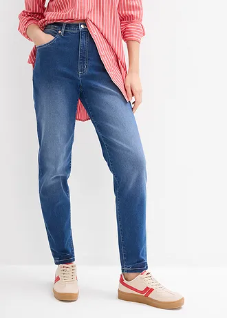 Blugi mom cu talie înaltă, cropped • albastru mediu denim uzat • magazin bonprix