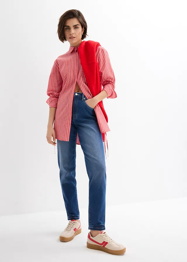 Jean mom taille haute, cropped, Couleur: bleu moyen denim used
