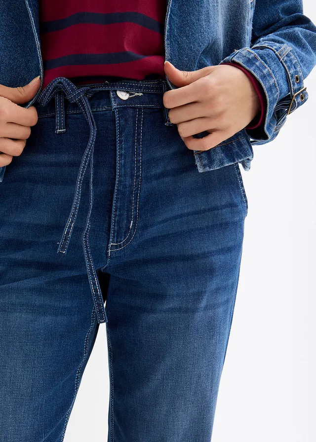 Dżinsy Loose Straight, high waist, z wygodnym paskiem • niebieski "stone used" • sklep bonprix