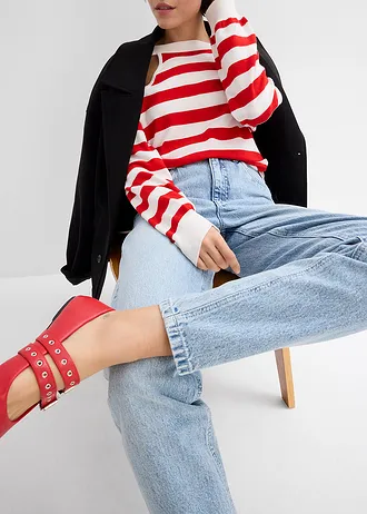 Jeansy mom, high waist, cropped • lodowy niebieski denim "used" • sklep bonprix