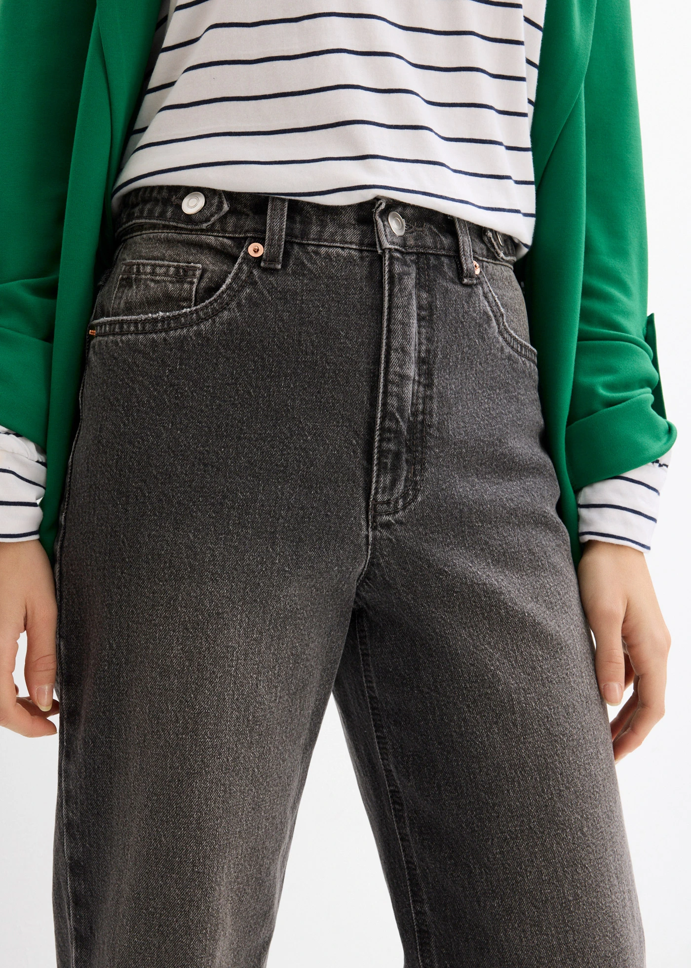 Blugi mom High Waist, cropped • gri denim uzat • magazin bonprix