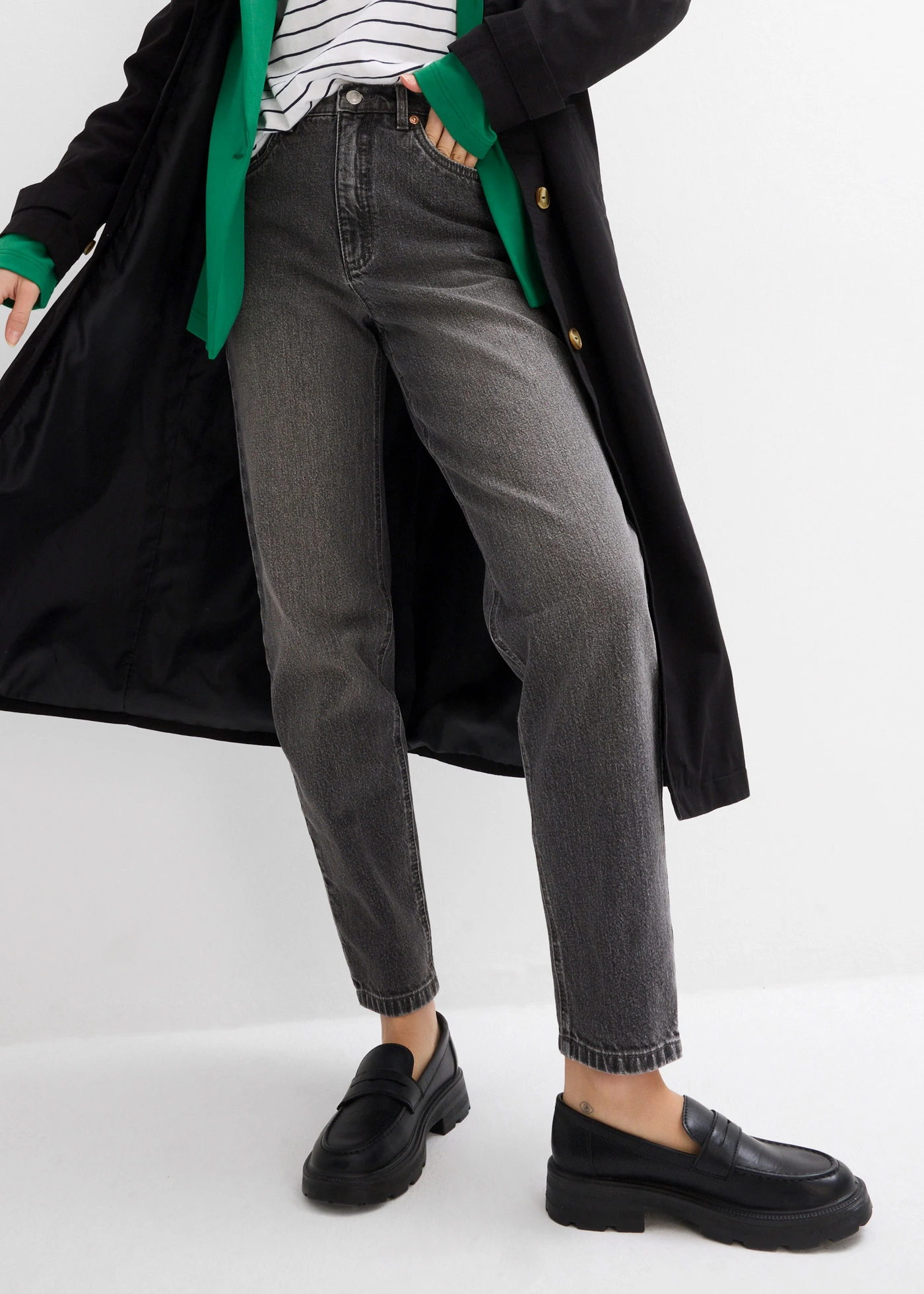 Blugi mom High Waist, cropped • gri denim uzat • magazin bonprix