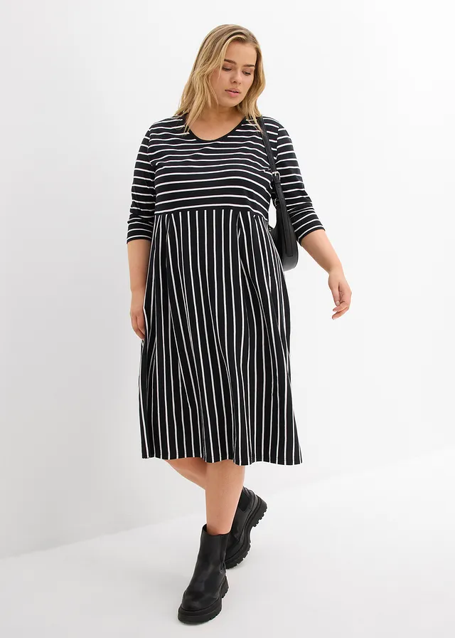 Robe midi en jersey coton, Couleur: noir-écru rayé