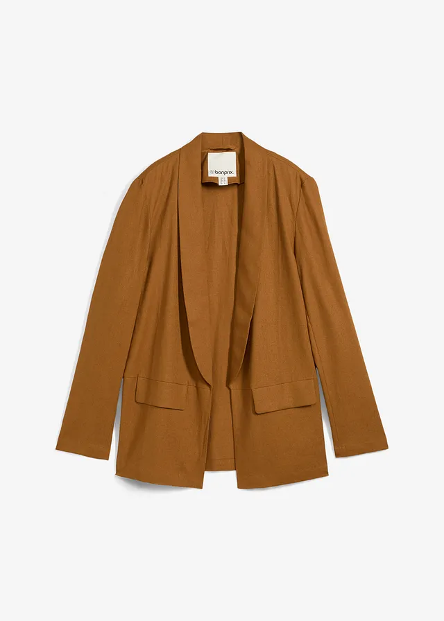 Blazer ample en mélange lin-viscose, Couleur: cognac