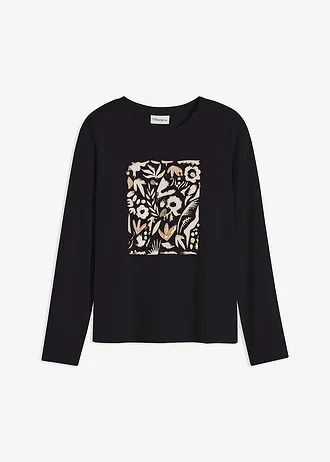 T-shirt manches longues en coton extensible • noir-gris galet-marron moka imprimé • Boutique bonprix
