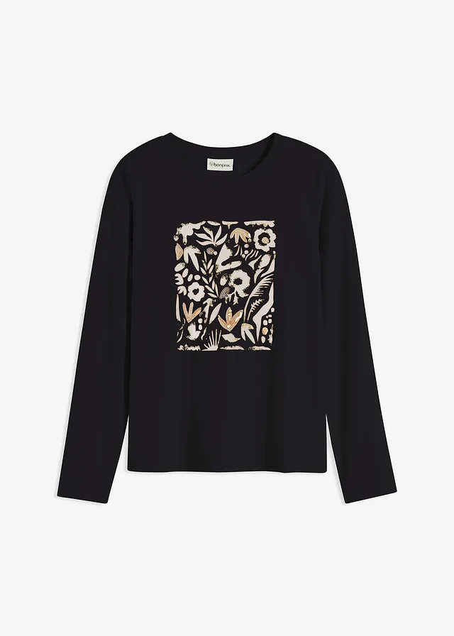 Longsleeve met biologisch katoen, Kleur: zwart-kiezelbeige-mokkabruin gedessineerd