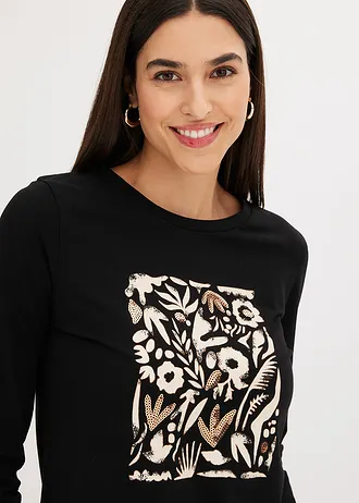 Hosszú ujjú póló bio-pamuttal • fekete/kavicsbézs/mokkabarna • bonprix áruház