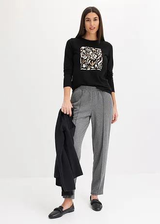 Longsleeve met biologisch katoen, Kleur: zwart-kiezelbeige-mokkabruin gedessineerd