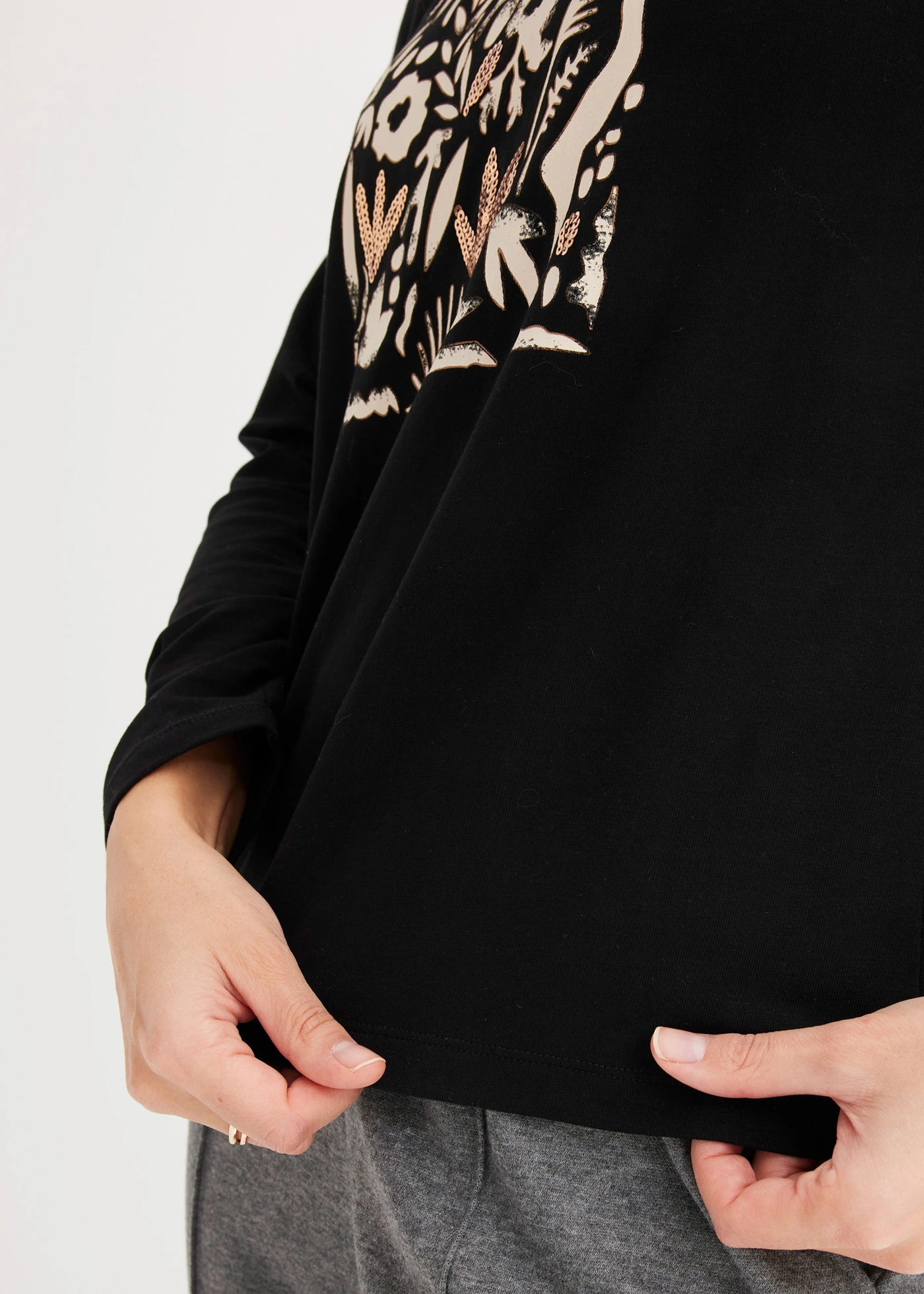 T-shirt manches longues en coton extensible • noir-gris galet-marron moka imprimé • Boutique bonprix