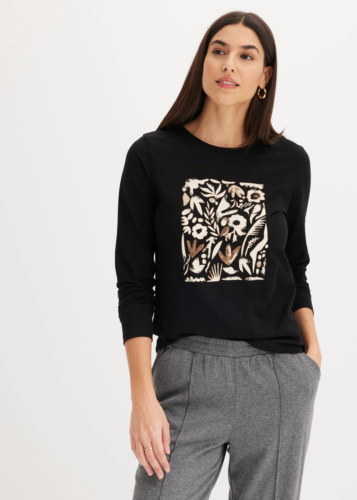 T-shirt manches longues en coton extensible • noir-gris galet-marron moka imprimé • Boutique bonprix