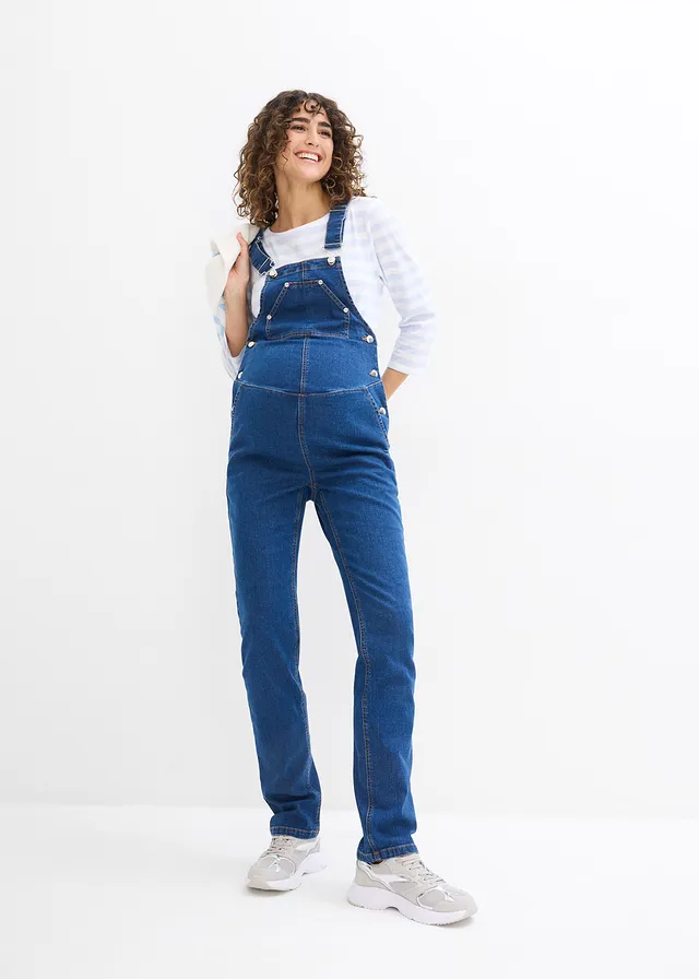 Zwangerschapstuinbroek met verstelbare buikwijdte, straight leg • blauw denim • product-page.page-title-suffix