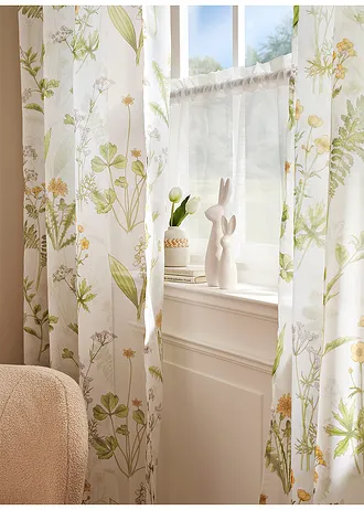Gordijn met bloemenprint (1 stuk), Kleur: wit-groen gebloemd